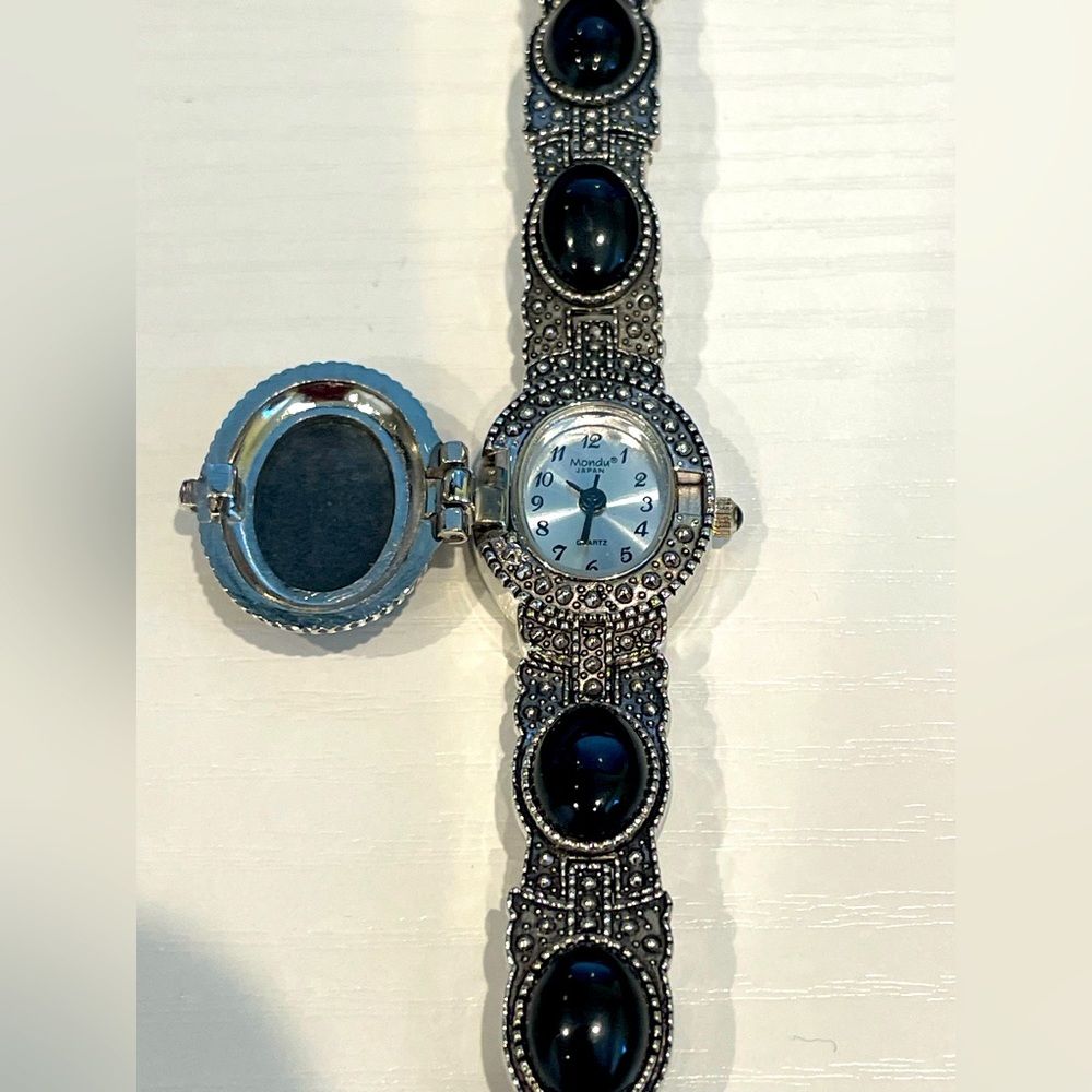 Vintage Mondu Flip Wrist Watch Stone Bracelet Japan Black Onyx Stone Beautiful